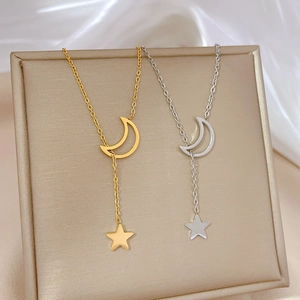 Star Moon Y-Shaped Lariat Necklace 304 Stainless Steel Rhinestone Minimalist Geometric Clavicle Chain Jewelry For Women