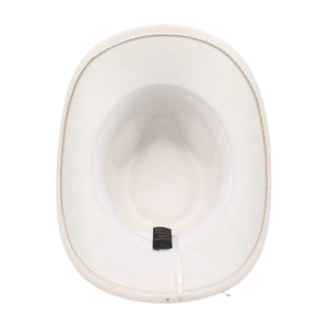Detailed interior of a white polyester cowboy hat with adjustable strap and sweatband