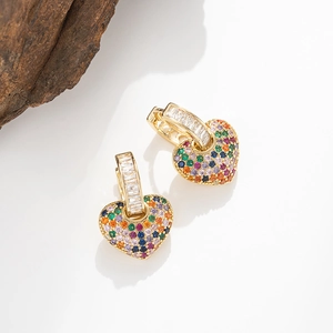 Heart Dangle Earrings Gold Plated Copper Colorful Cubic Zirconia Pave Huggie Hoop Elegant Fashion Jewelry For Women