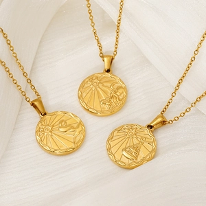 Stainless Steel Necklace 18K Gold Plated Round Zodiac Relief Pendant Constellation Vintage Minimalist Jewelry Women Gift
