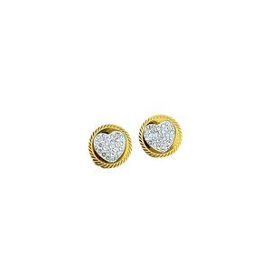 Titanium steel heart crystal earrings with gold rope edge and silver center on white background