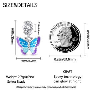 Size details of blue and purple luminous butterfly bead with a coin for scale