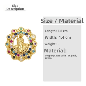 Detailed macro view of 18K gold plated copper Virgin Mary pendant with colorful zircons