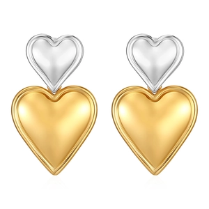 Two-tone gold and silver layered heart drop earrings made of durable titanium steel