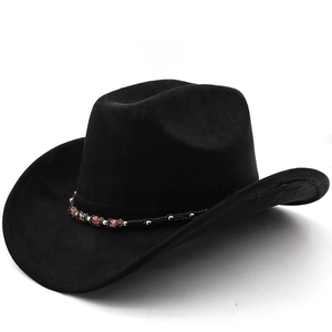 Classic black faux suede cowboy hat with ethnic beaded band and curved brim for outdoor wear
