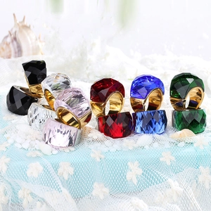 Chic 18K gold plated stainless steel rings with colorful faceted crystal gemstones