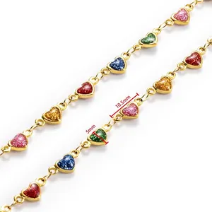 Golden stainless steel chain with colorful 5mm heart pendants and glitter finish