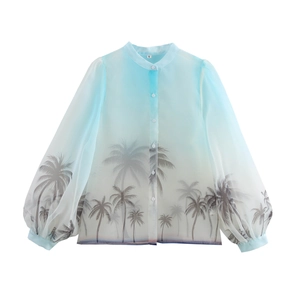 Donna Camicetta Organza Trasparente Sfumata Stampa Palma Manica Lunga Lanterna Collo Alto Top Vacanze Spiaggia