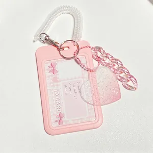 Pink heart glitter ID card holder with retractable spring cord and acrylic chain