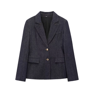 Women's dark blue denim blazer featuring a notched lapel and golden button closure