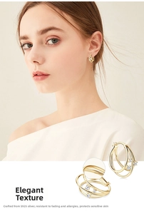 Detail of S925 sterling silver hoop earrings with gold finish and micro zircon stones