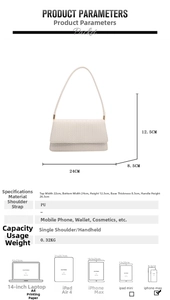 Detailed size chart for minimalist white woven PU shoulder bag with dimensions and capacity