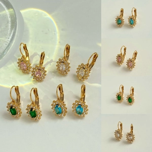 Boucles D'Oreilles Dormeuses Tournesol Vintage Acier Inoxydable Zirconium Ovale Halo Bijoux Femme