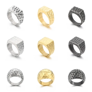 Mens hammered stainless steel signet and domed rings in silver, gold, and black finishes