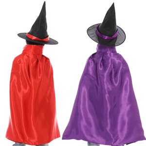 Kids Halloween wizard costume set with purple and red shiny capes and matching hats