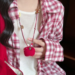 Handmade fabric apple pendant necklace with colorful beads and wooden accents for women