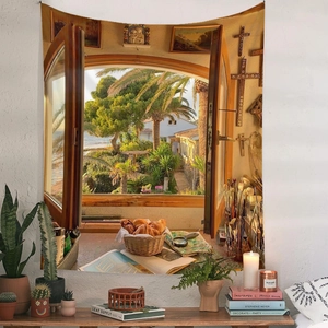 Detail of bohemian tapestry featuring a sunlit Mediterranean window view on a brick wall