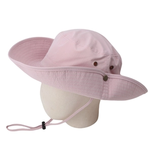 Close-up of pink sun hat with metal air vents, adjustable snap brim and chin cord