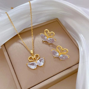 Double Swan Heart Jewelry Titanium Steel Necklace And Earrings With Silver Earring Post Cubic Zirconia Gold Plated Elegant