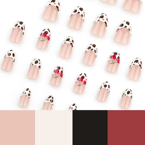 Faux ongles French minimalist avec imprimé léopard et motif de cerise rouge