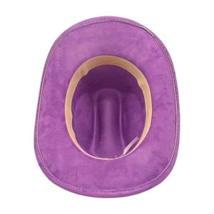 Interior view of purple faux suede cowboy hat with sweatband and detailed stitching