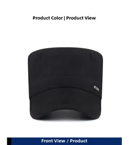 Front view of a black cotton twill flat top military cap with side metal logo detail