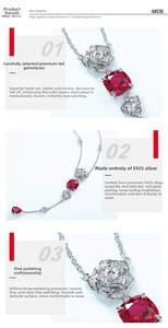 Detailed macro view of S925 silver rose necklace featuring lab-grown pear ruby and diamonds