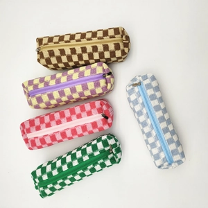 Checkerboard Knitted Pencil Case Zippered Stationery Bag Portable Makeup Brush Organizer Cosmetic Pouch For Students