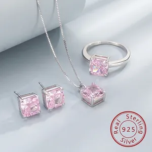 925 Sterling Silver Jewelry Set For Women Princess Cut Zirconia Necklace Earrings Ring Luxury Square Stone Bridal Jewelry