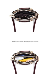 Detail view of the spacious inner compartments of this stylish two-tone women's handbag