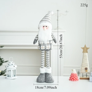 Detail of retractable Christmas plush doll with gray plaid fabric and white beard décor