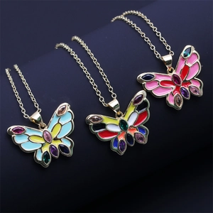 Bohemian gold butterfly pendant necklaces with colorful enamel and crystal inlays