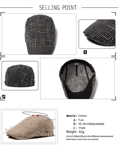 Detailed views of cotton linen newsboy hat with adjustable metal buckle and checkered pattern