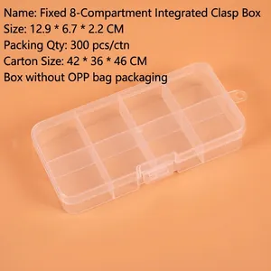 Detailed view of an 8-compartment clear plastic organizer box with size dimensions