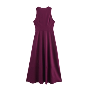 Robe longue trapèze élégante bordeaux sans manches avec taille haute et tissu fluide
