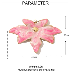 Detail view of flower pendant showing dimensions 40mm by 26mm in stainless steel and enamel