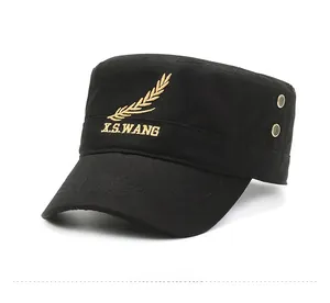 Close-up of golden embroidery wheat pattern on black canvas military flat top cap