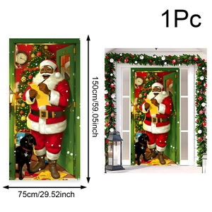 Detailed view of Santa door flag size 75x150cm with festive Christmas tree and black dog