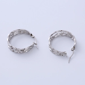 Minimalist silver triple-strand twisted hoop earrings with polished stainless steel finish