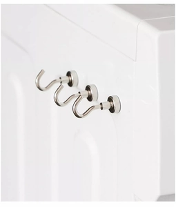 Three heavy duty magnetic metal hooks with silver finish on a white surface