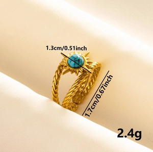 Gold 304 stainless steel adjustable sun ring with turquoise stone and twisted texture