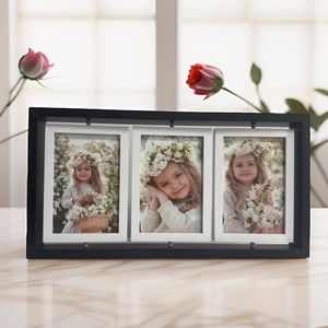 Modern black multi-photo rotating frame with three 6-inch vertical slots for home decor