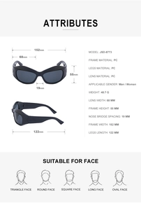 Detailed technical diagram of Y2K steampunk sports sunglasses showing precise dimensions