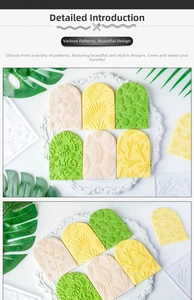Detailed macro view showing the intricate leaf textures on arched fondant stamps