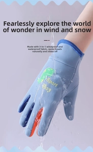 Detailed waterproof test of blue kids ski gloves with dinosaur print and water droplets
