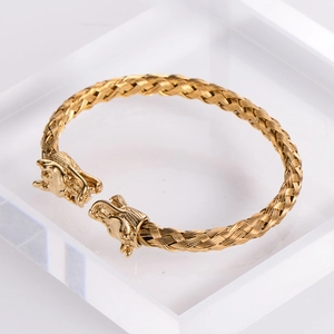 18k gold plated stainless steel twisted cable bracelet with detailed twin dragon heads