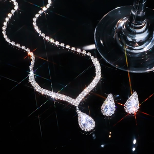 Elegant geometric zircon teardrop necklace and earrings jewelry set for weddings