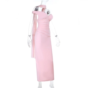 Pink slim-fit fishtail dress featuring pleated texture and matching neck scarf detail