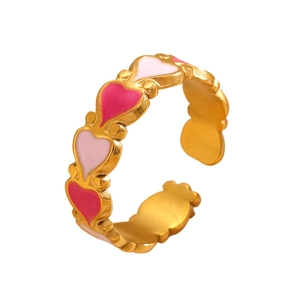 Anello aperto in acciaio inossidabile placcato oro 18K con cuori in smalto rosa