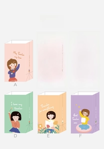 Detailed view of six colorful cartoon teacher appreciation paper gift bags with handles